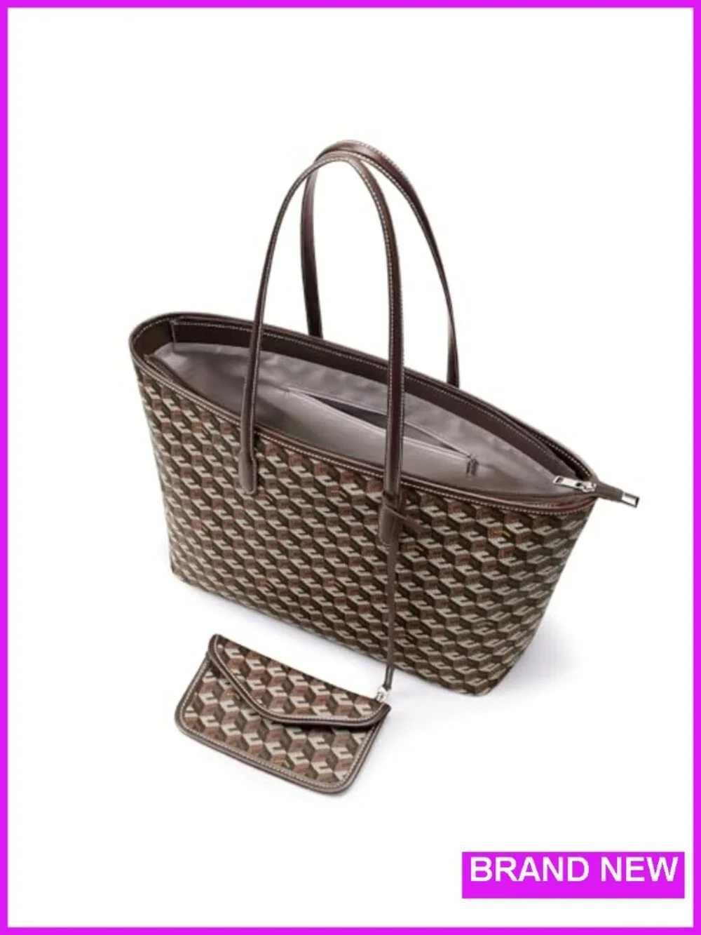 Large PU Leather Cube Tote Bag with Monogram Print, Top Handle, Weekender
